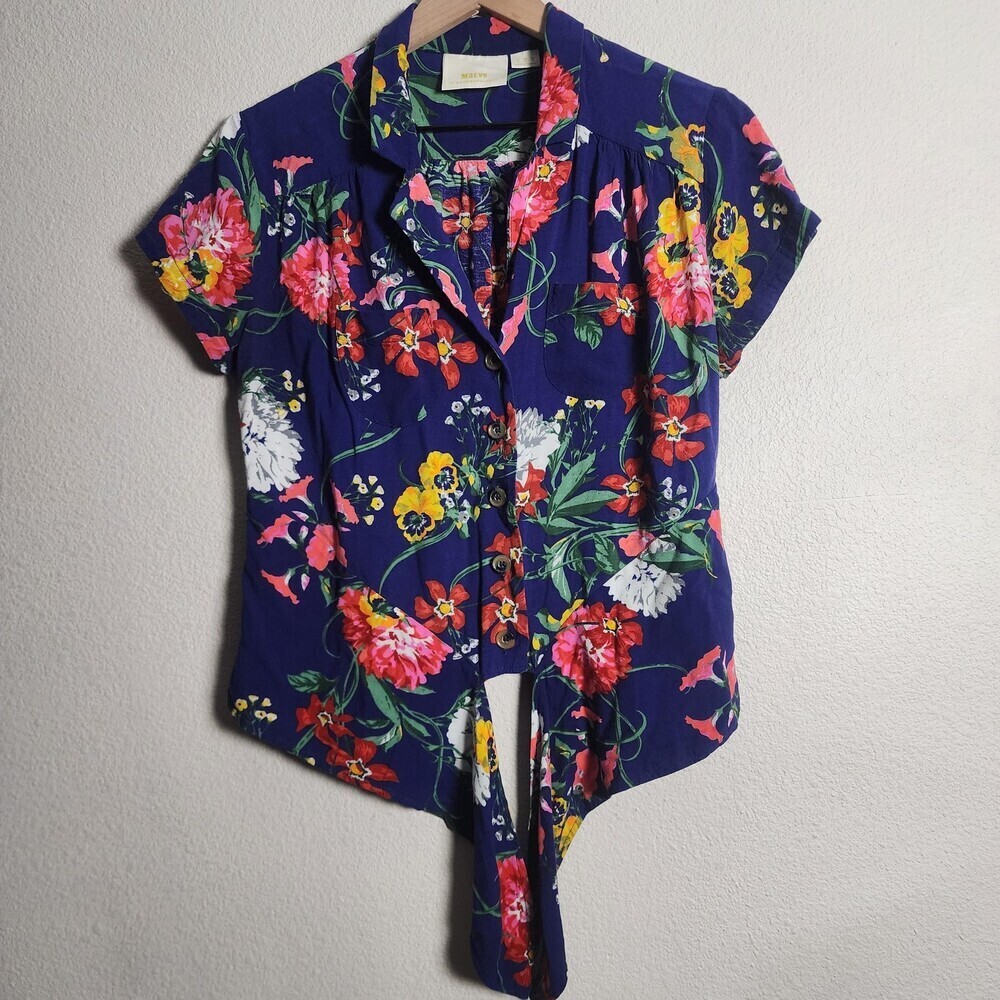 Maeve By Anthropologie Shirt Womens 6 Navy Floral Tie Front Short Sleeve Top